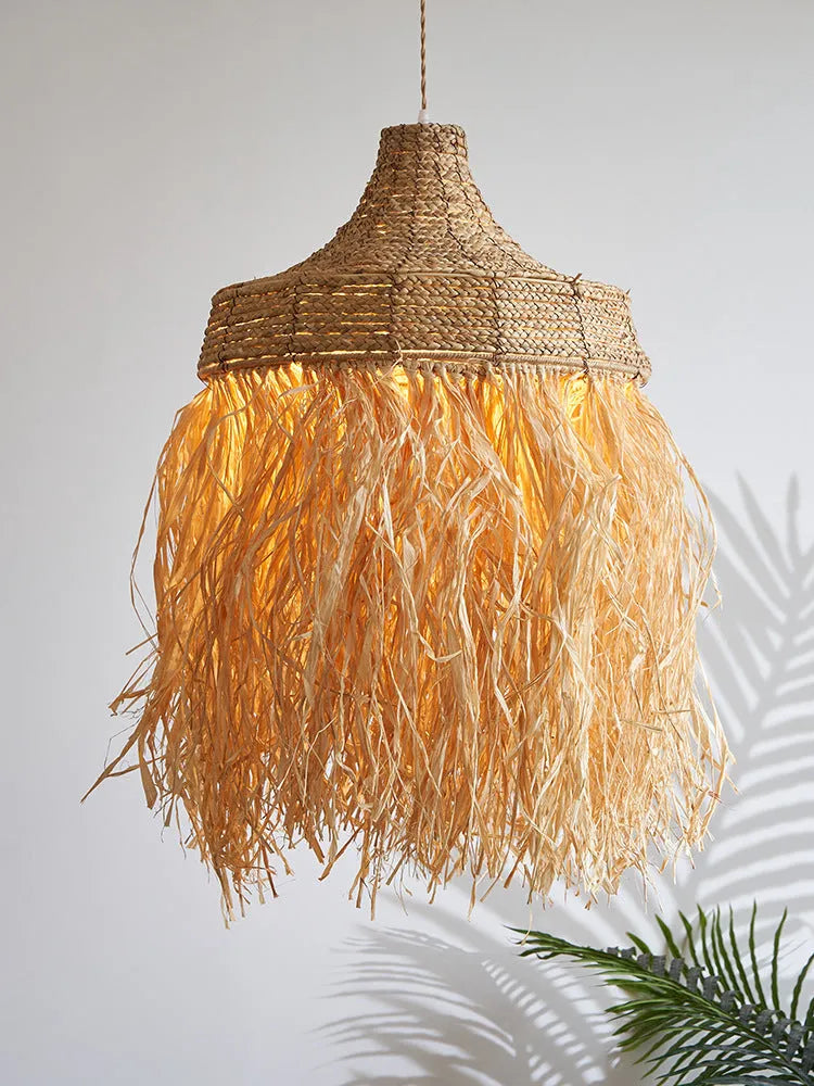 Retro restaurant chandelier with woven wild vetch and willow shade measuring 50cm diameter