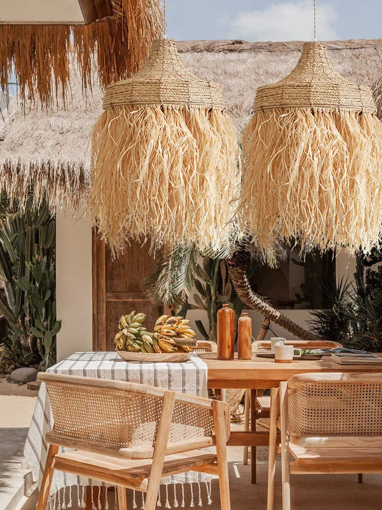 Retro restaurant chandelier with woven wild vetch and willow shade measuring 50cm diameter