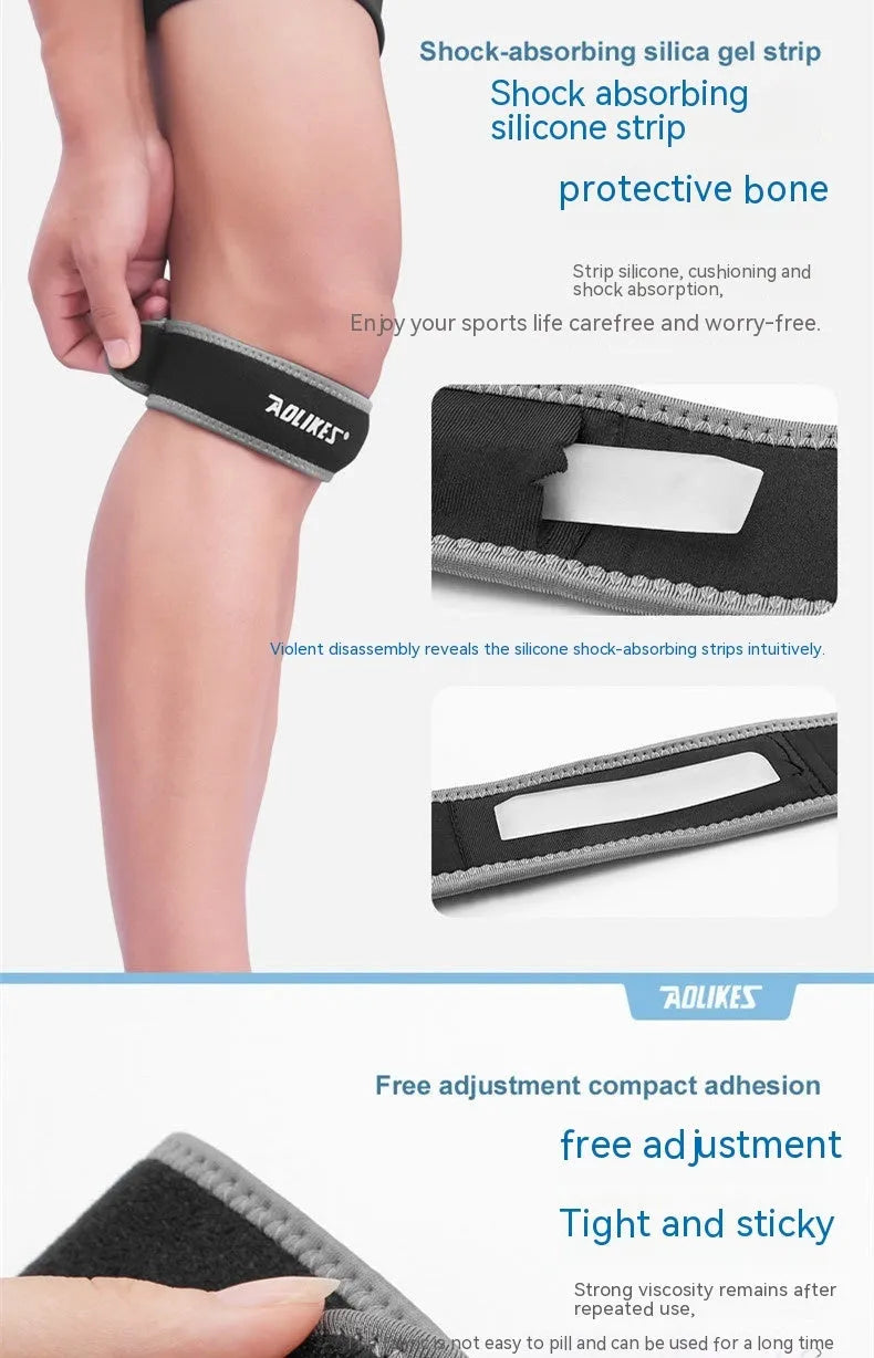 Black and grey patella retinaculum knee support strap for adult sports use.