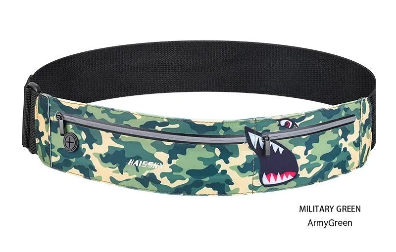 Unisex waterproof 8-inch waist bag in classic black, heather gray or camouflage crocodile for outdoor sports