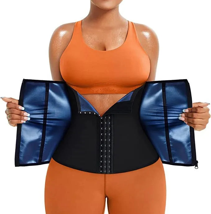 A painted blue neoprene abdominal girdle with an adjustable strap, laid flat.
