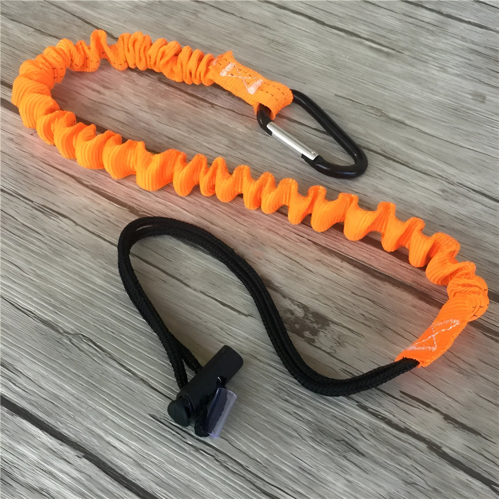 Orange fishing rod safety rope showing 90cm length and connection points
