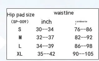 Black cycling hip protection pants showing hip pad placement, labelled with available sizes S, M, L, XL.