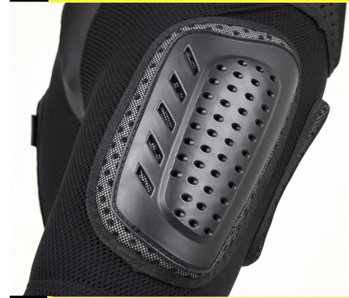 Black cycling hip protection pants showing hip pad placement, labelled with available sizes S, M, L, XL.