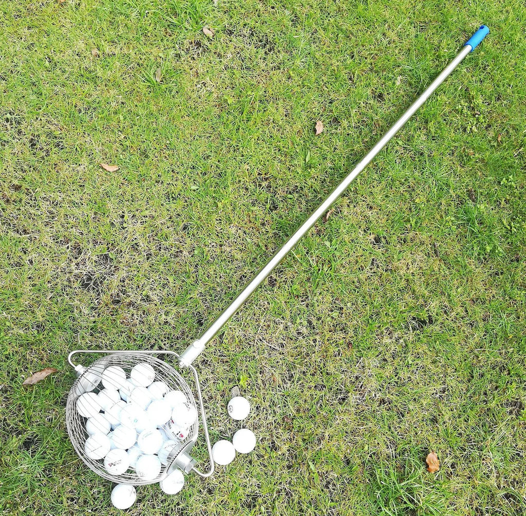 Handheld stainless steel golf ball picker retriever tool in metal colour.