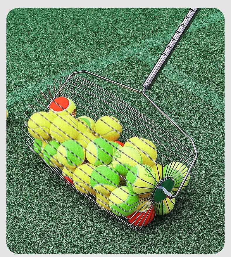 Stainless steel adjustable tennis ball picker roller with capacity for 30 or 60 balls