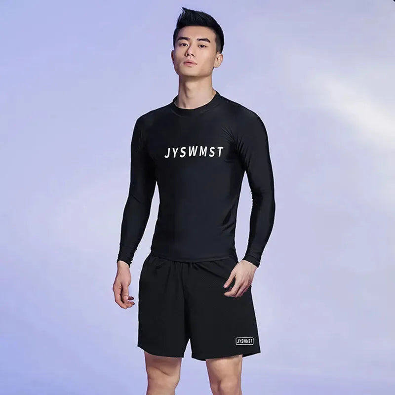 Men's plus size swimming trunks and top set in polyester fabric with pattern design