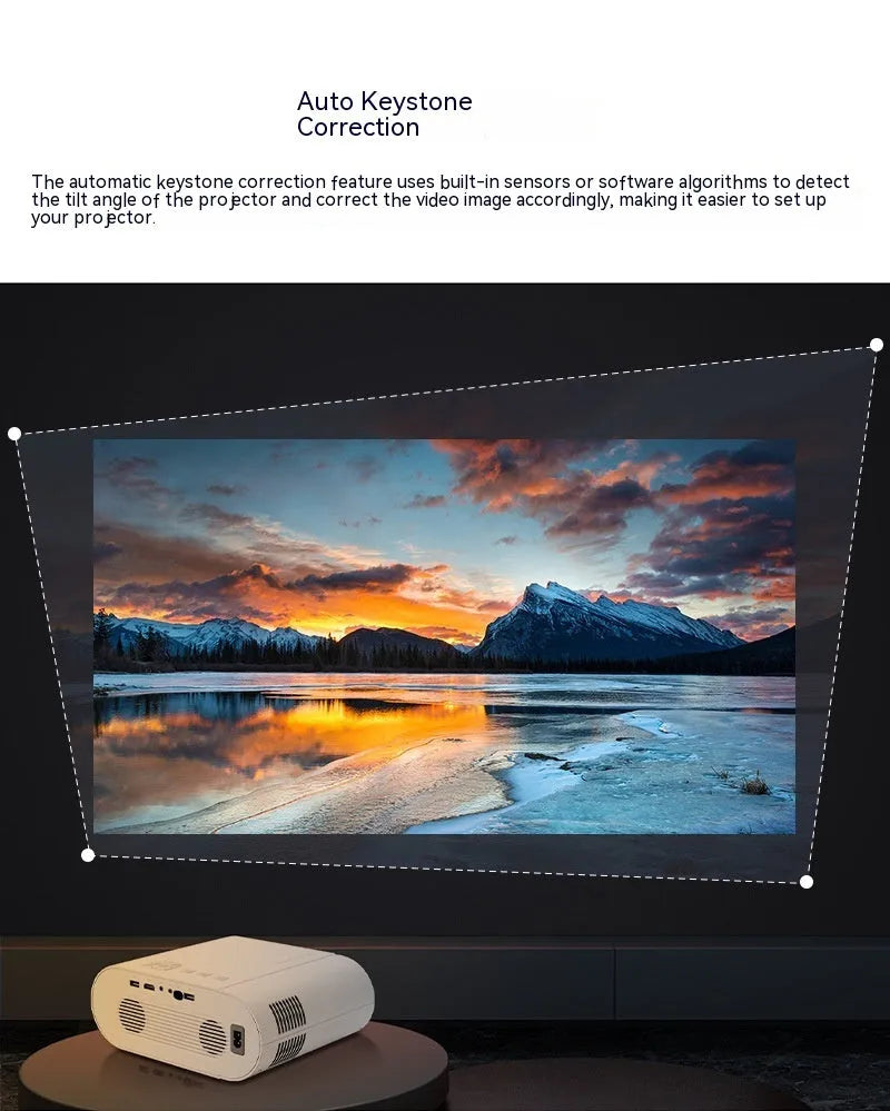 White T07 Full HD 1080p smart home cinema projector with remote control on a wooden surface.