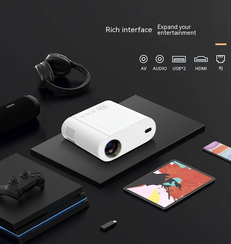 White T07 Full HD 1080p smart home cinema projector with remote control on a wooden surface.