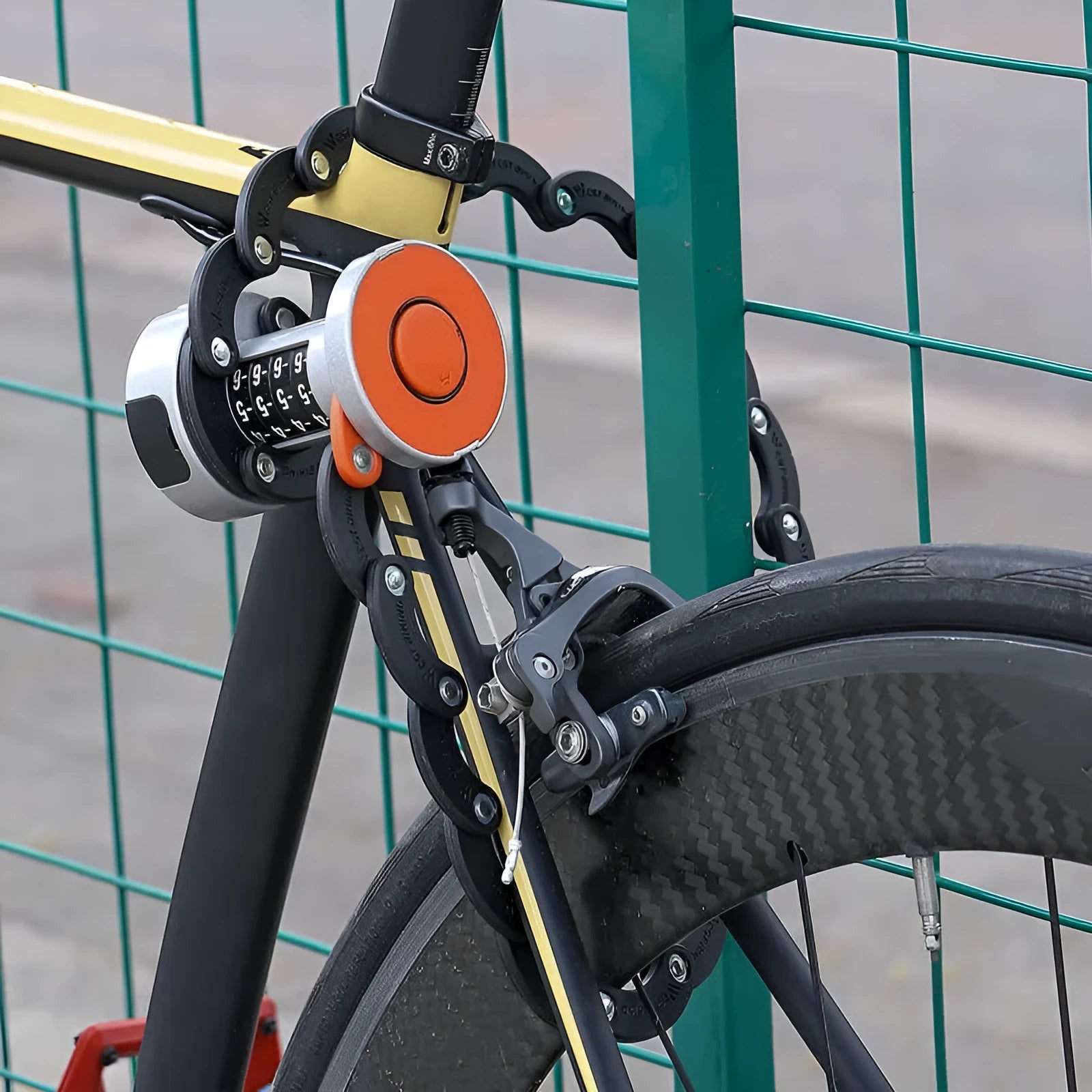 Portable bicycle folding lock showing folding mechanism and modern design in black colour