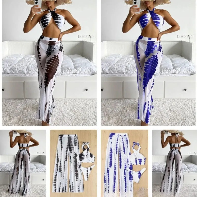 Women's three-piece swimsuit set with mesh trousers in black printing European style