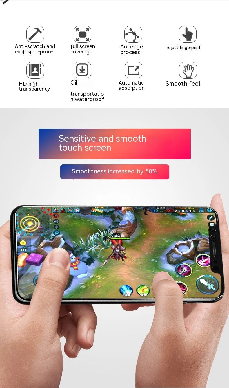 Samsung phone with HD tempered glass screen protector showing full screen coverage