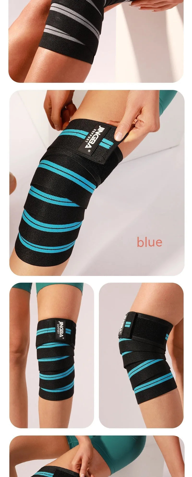 Adjustable sports knee pads for weightlifting and cycling in blue, gray, red, or yellow.