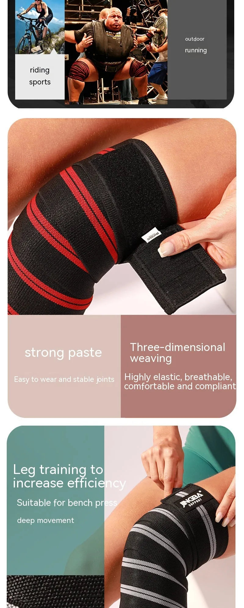 Adjustable sports knee pads for weightlifting and cycling in blue, gray, red, or yellow.