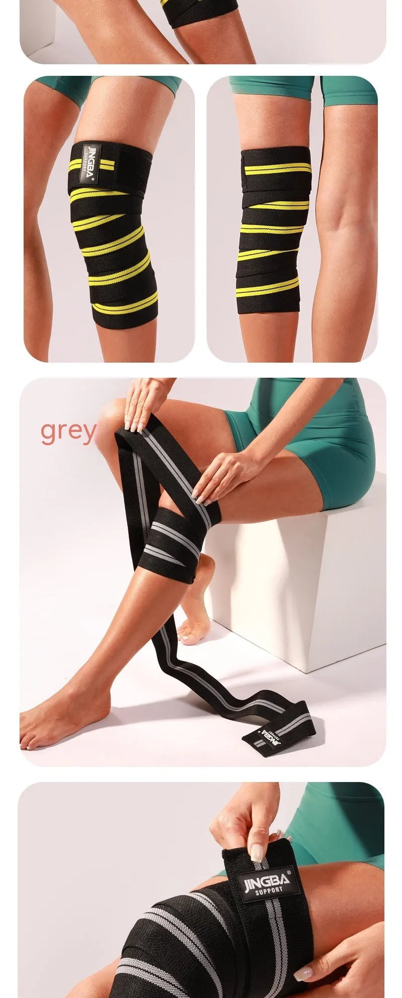 Adjustable sports knee pads for weightlifting and cycling in blue, gray, red, or yellow.