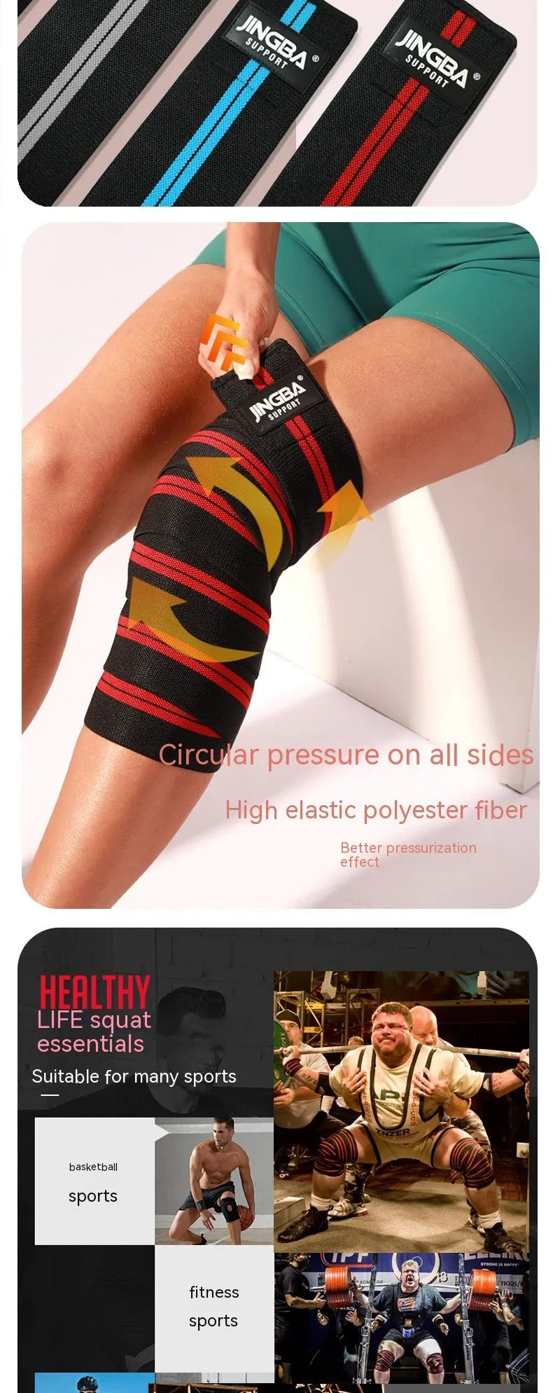 Adjustable sports knee pads for weightlifting and cycling in blue, gray, red, or yellow.