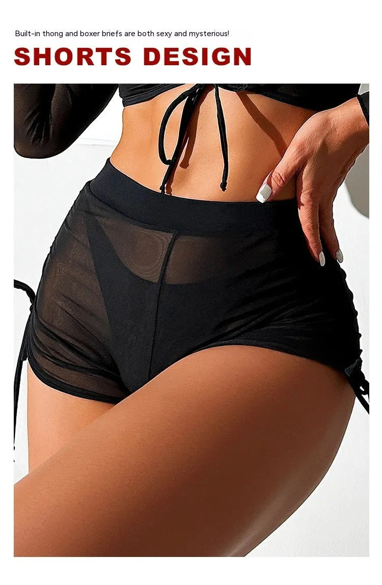 Black mesh women's long sleeve bikini swimsuit set with four pieces