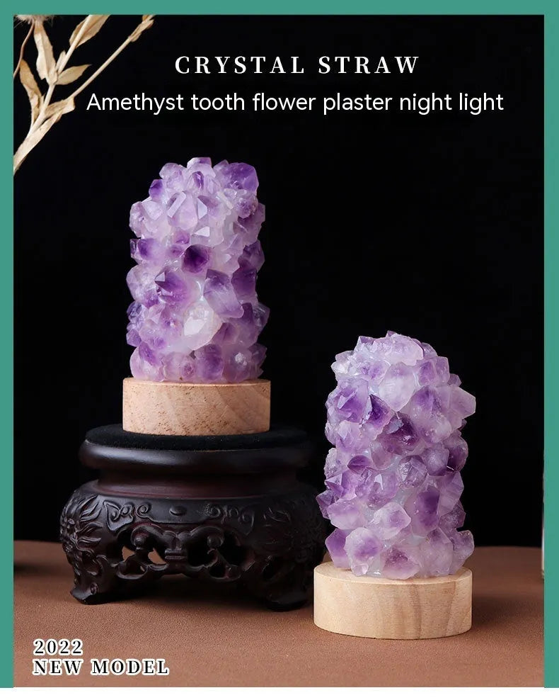Natural amethyst mini night light with cold light illumination showing crystal vug formations