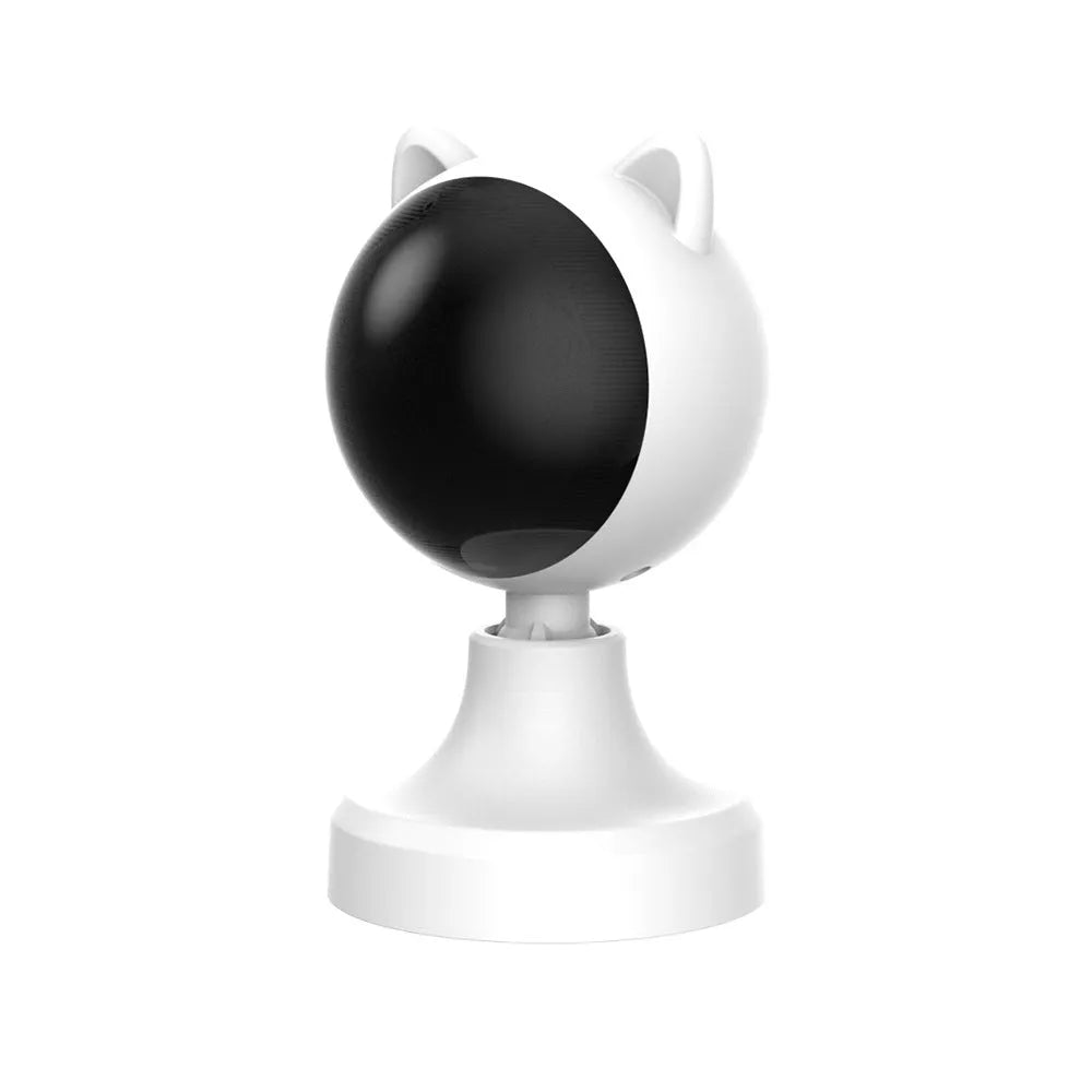 White smart laser cat teaser toy with USB charging on a floor, made of ABS plastic