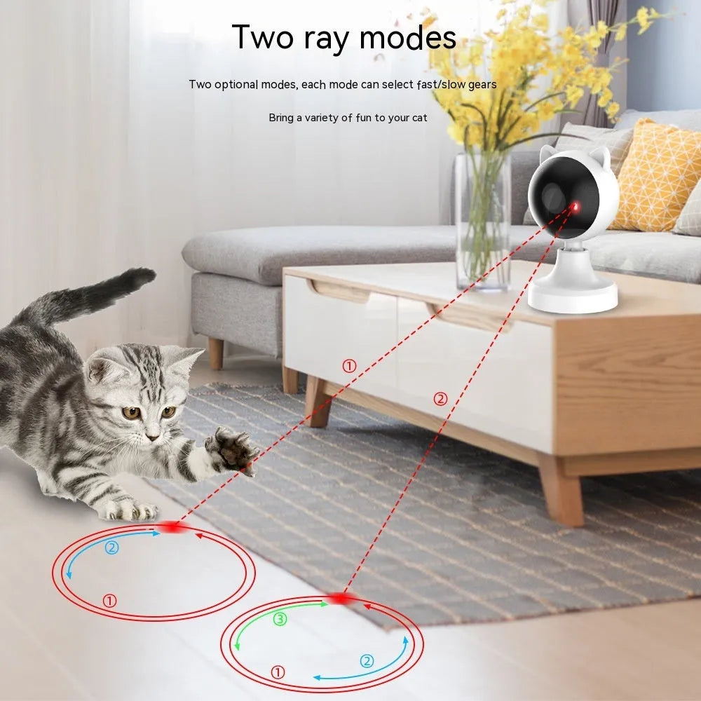 White smart laser cat teaser toy with USB charging on a floor, made of ABS plastic