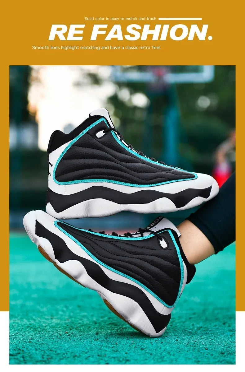 Men's high-top basketball shoes in AJ13 white and red colourway with rubber sole and mesh upper