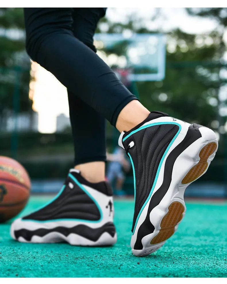Men's high-top basketball shoes in AJ13 white and red colourway with rubber sole and mesh upper