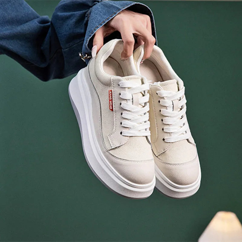 Women's pink leather board shoes with thick soles for height increase