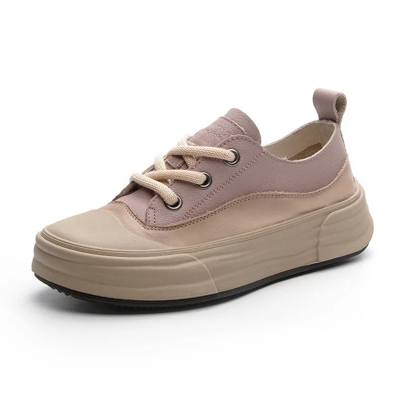 Women's leather platform sneakers in matcha green, purple, and orange colours with lace-up front and round toe