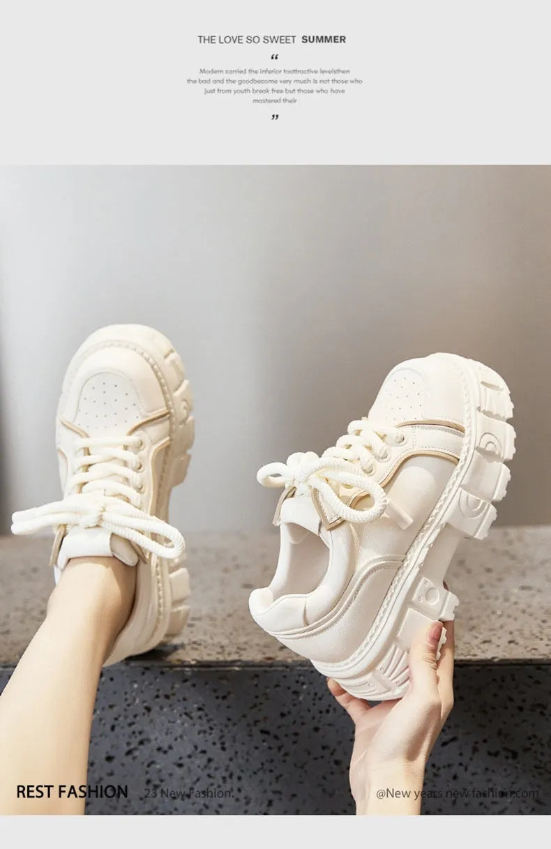 Women's beige leather casual shoes with spring muffin bottom height-increasing design