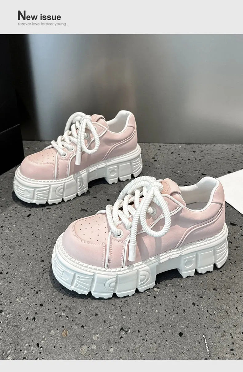 Women's beige leather casual shoes with spring muffin bottom height-increasing design