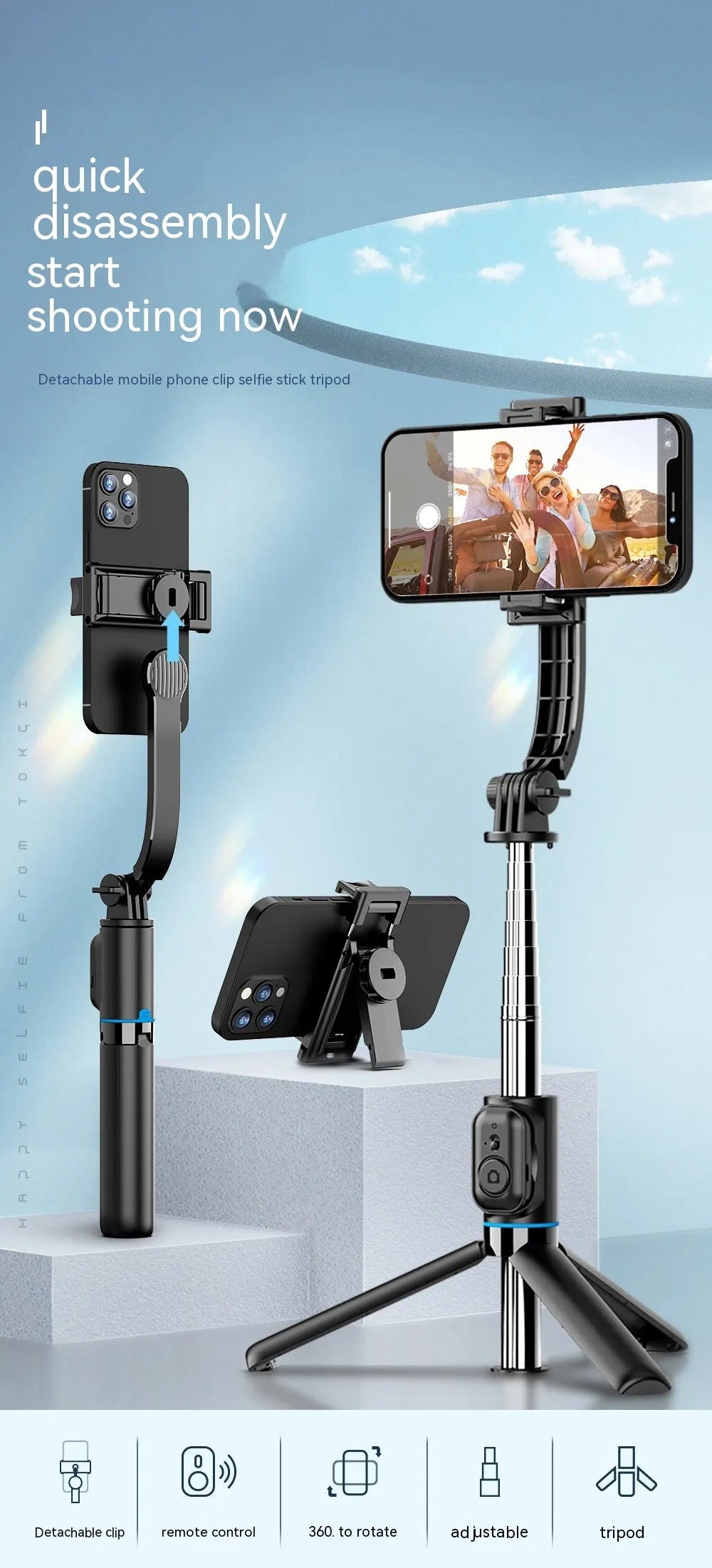 Detachable desktop stand Bluetooth selfie stick extended to 1060mm with phone and remote control