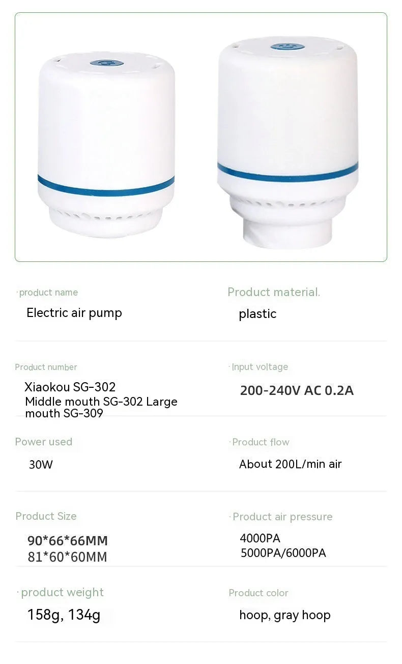 White plastic electric suction pump for buggy bag vacuum, available in 26mm, 32mm, and 38mm diameters.