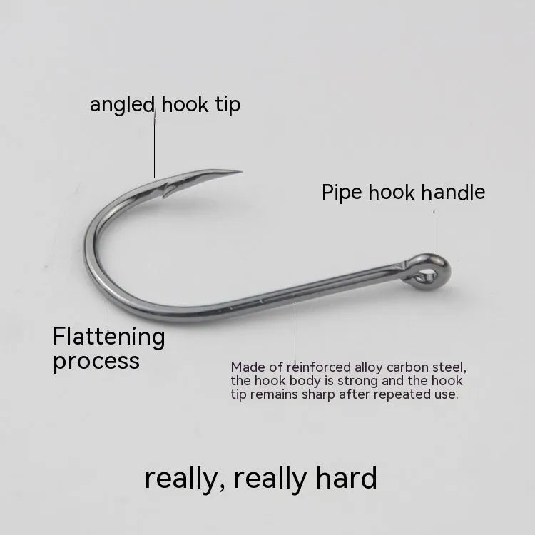 Barbed sea fishing hooks with ring eye and crooked point in a bulk pack for rock and saltwater fishing.