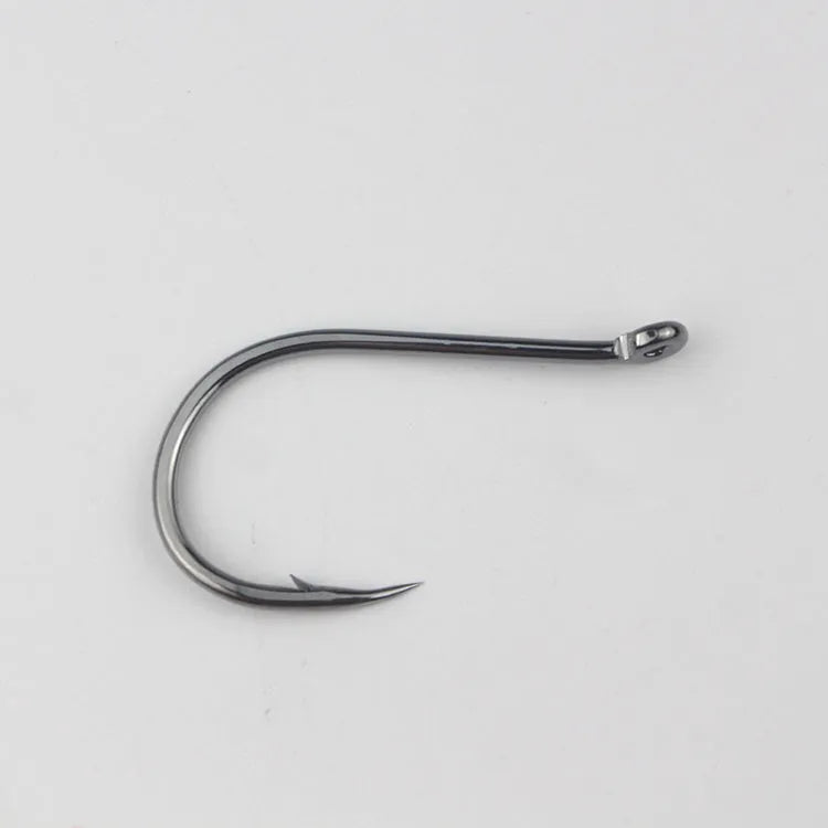 Barbed sea fishing hooks with ring eye and crooked point in a bulk pack for rock and saltwater fishing.
