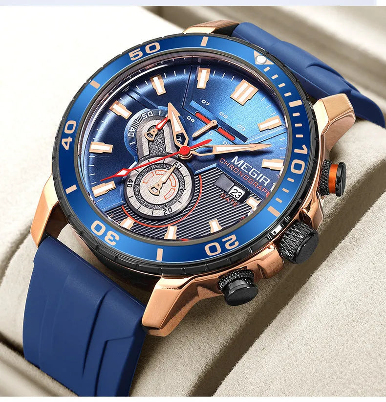 Men's sports chronograph watch with blue dial, 53mm diameter, mineral glass mirror, stainless steel case back, and pin buckle