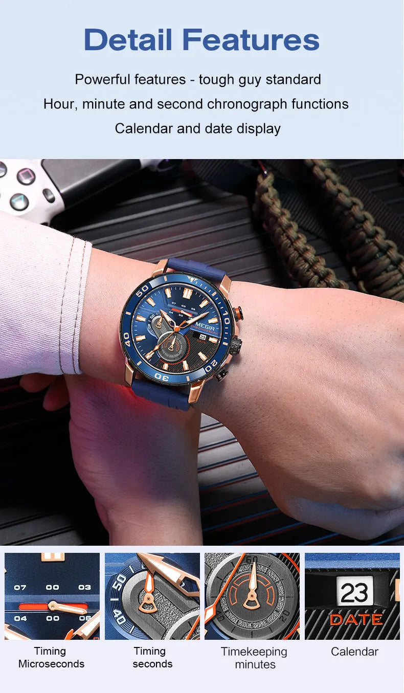 Men's sports chronograph watch with blue dial, 53mm diameter, mineral glass mirror, stainless steel case back, and pin buckle