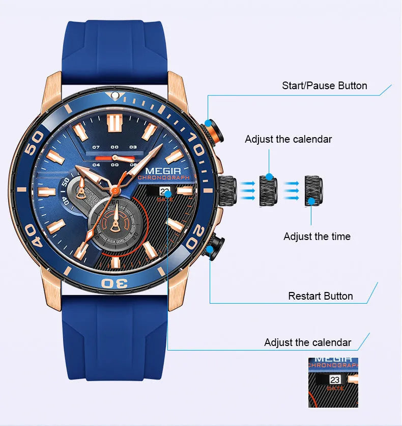 Men's sports chronograph watch with blue dial, 53mm diameter, mineral glass mirror, stainless steel case back, and pin buckle