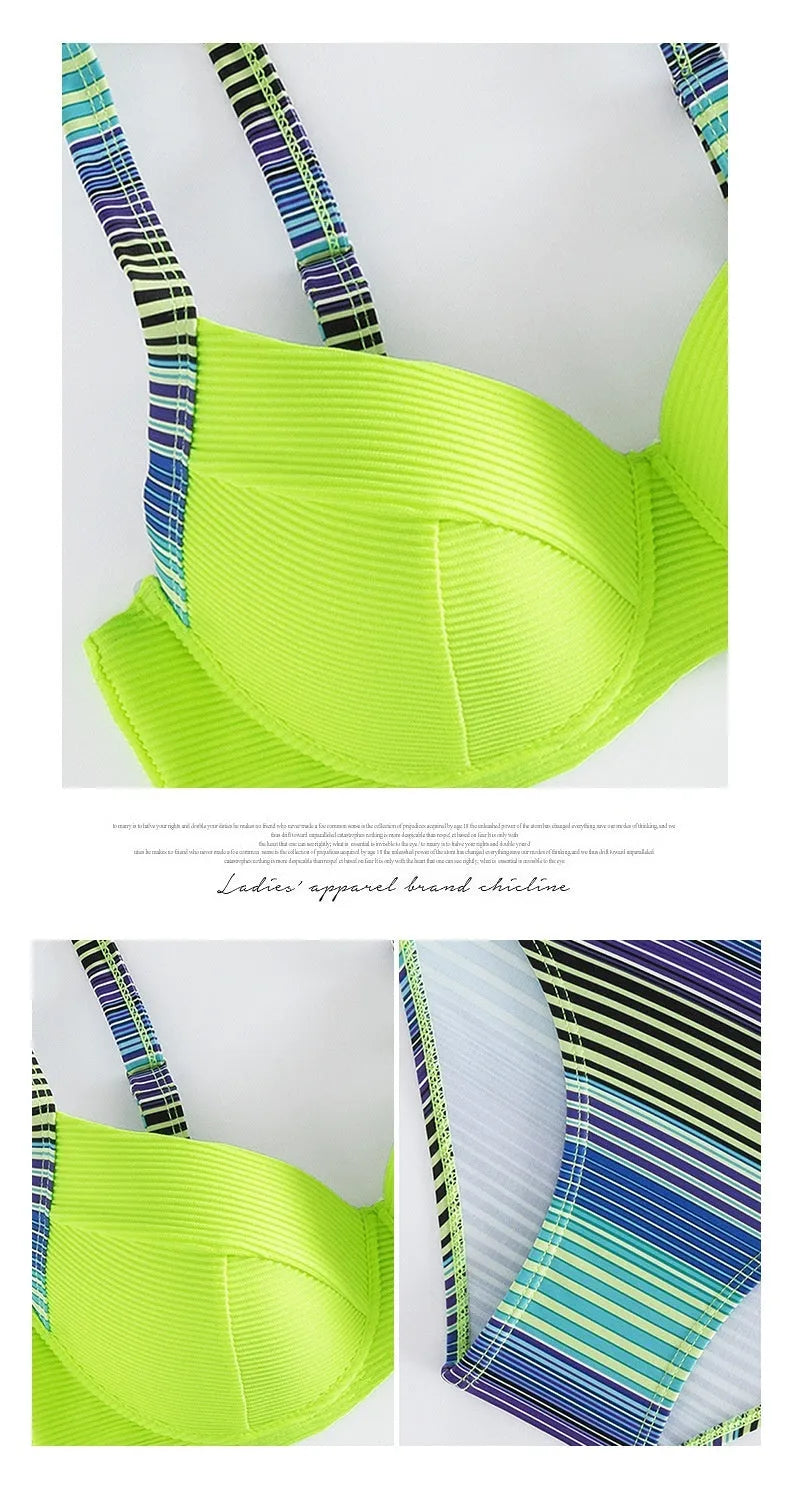 Green printed halter bikini set for women with split briefs