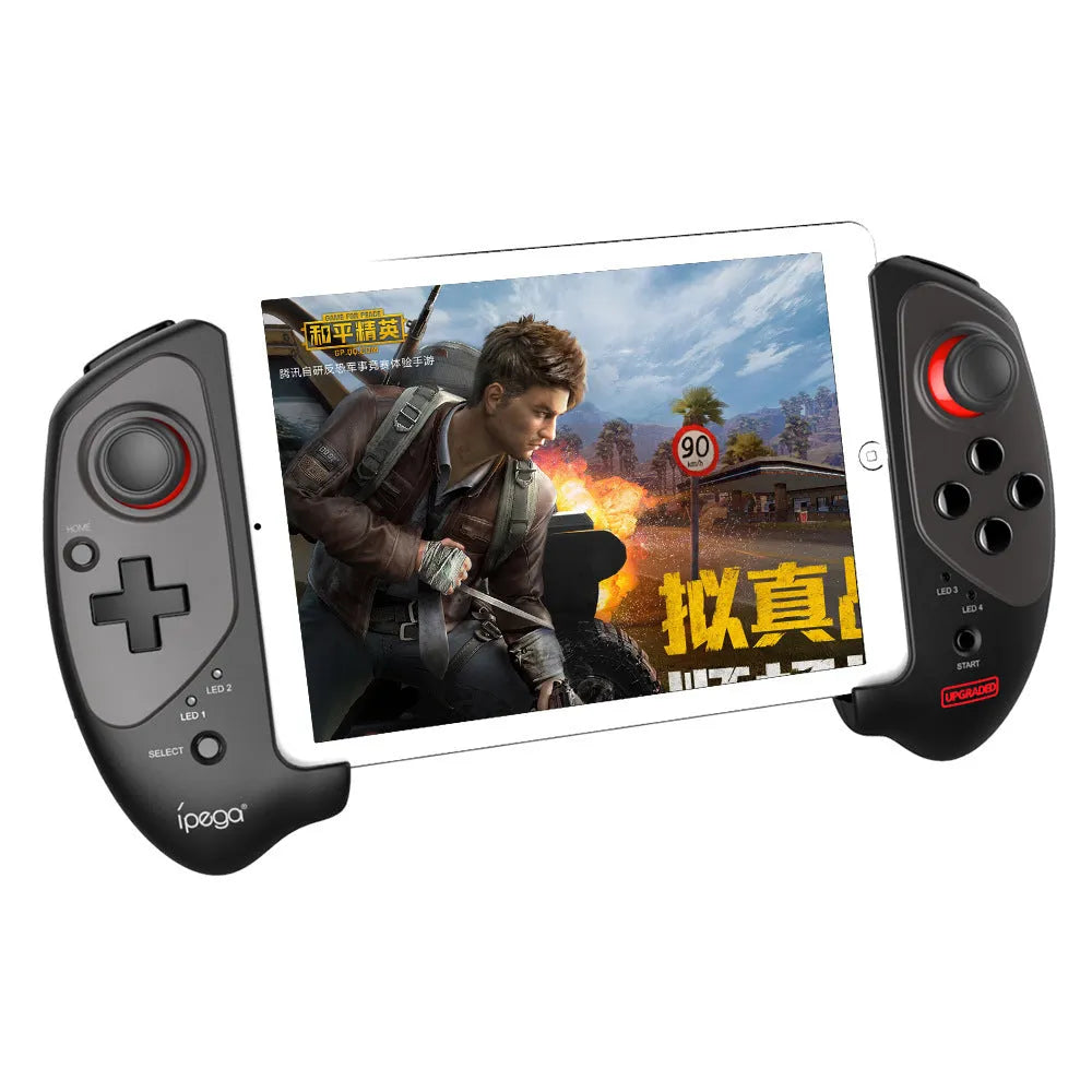 Red telescopic Bluetooth gamepad controller extended with a smartphone held in the centre.