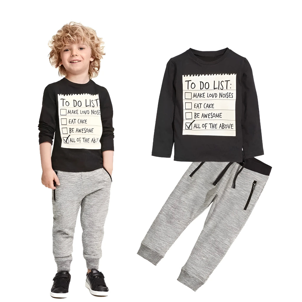 Boys' blue cotton two-piece set with long sleeve t-shirt and pants featuring a white letter print.