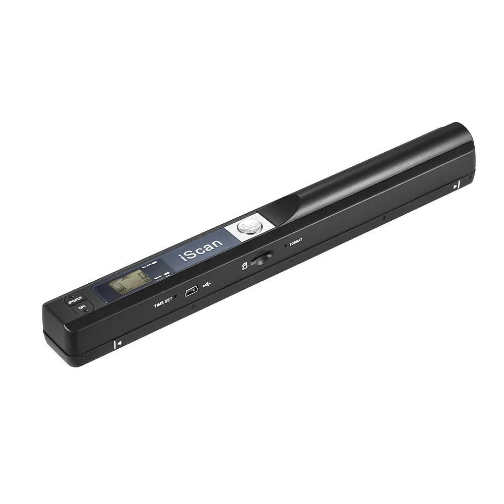 Handheld USB scanner in plastic housing shown in multiple colour options: black, blue, green, red, and silver.