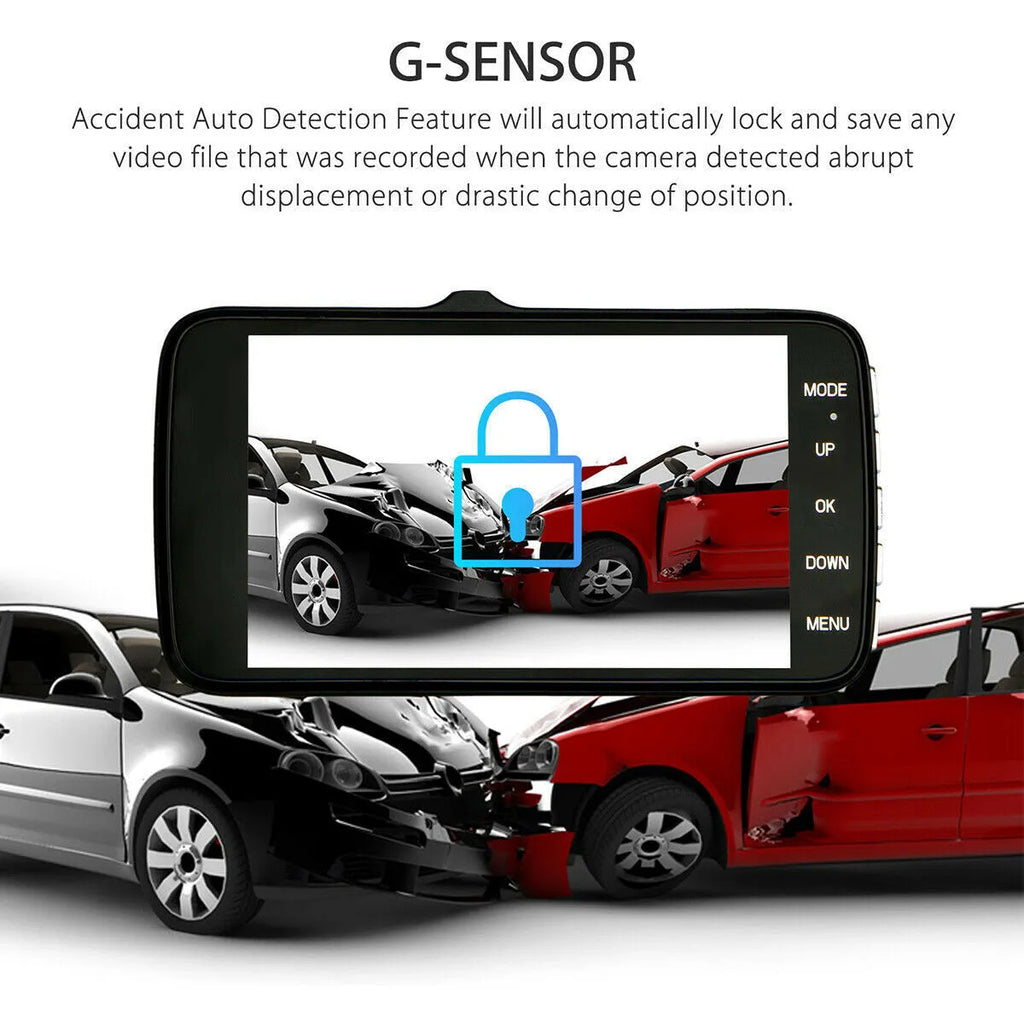 HD driving recorder with 8 night vision lights on windscreen mount showing 4.0 inch screen