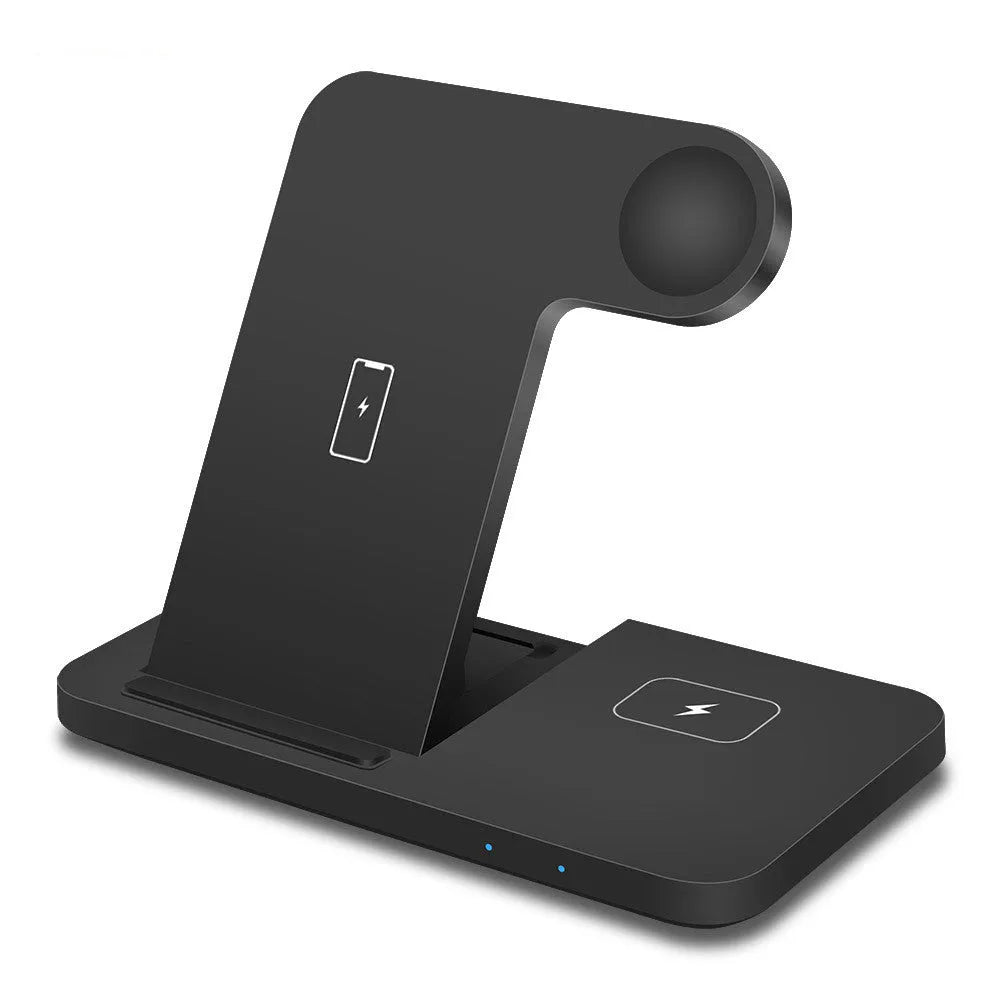 Folding 3-in-1 wireless charger with 15W fast charge indicator light and Type-C cable in black finish