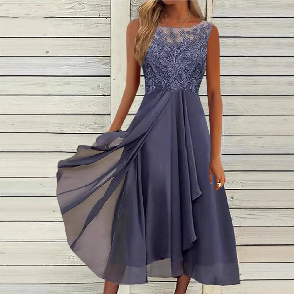 Women's sleeveless stitching lace and chiffon dress in blue, green, or purple, showing midi length and princess style.