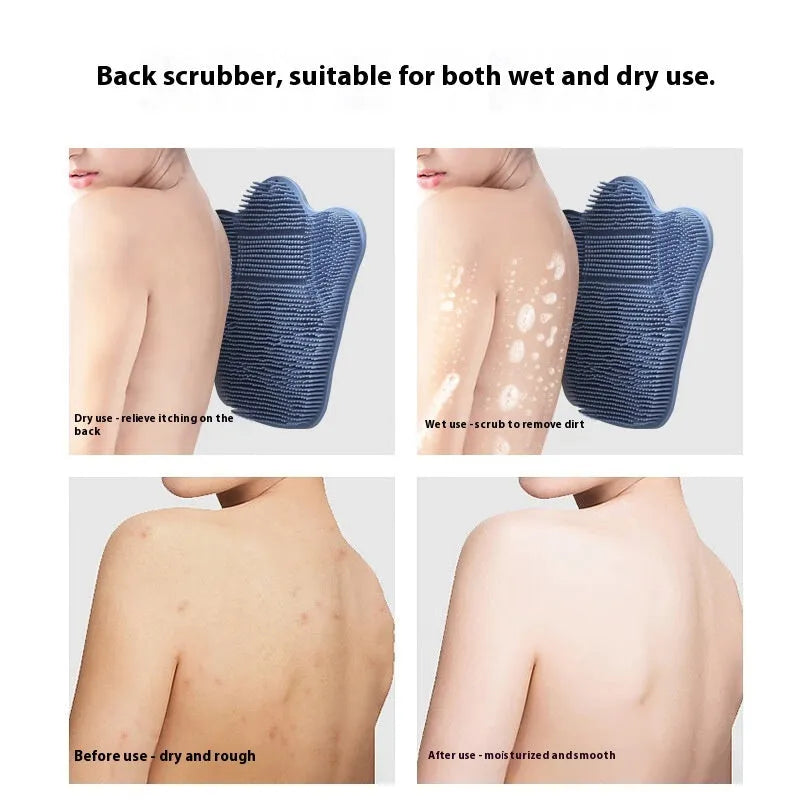 Blue silicone bath scrub mat for back washing, measuring 31cm by 32cm, mounted on a shower wall.
