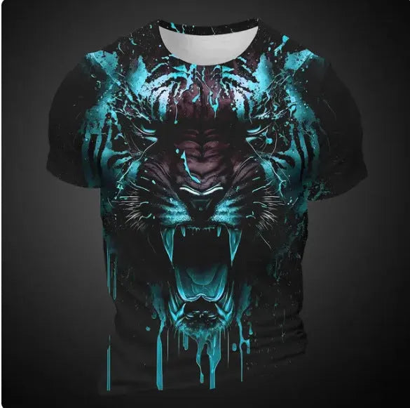 Men's 3D tiger pattern short sleeve T-shirt in bird eye polyester fabric