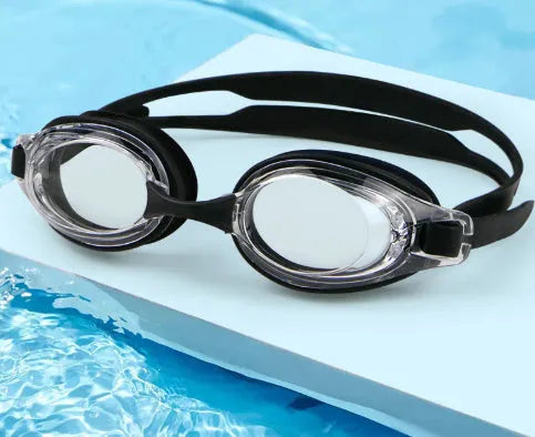 Adult swimming goggles with myopia correction lenses and a hard protective storage case.