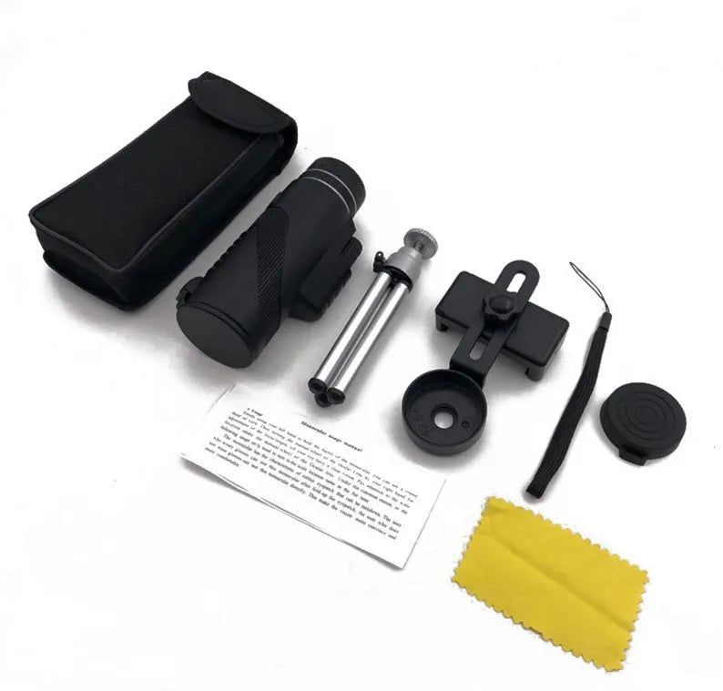 Black HD 40x60 monocular telescope for smartphones shown with lens details.