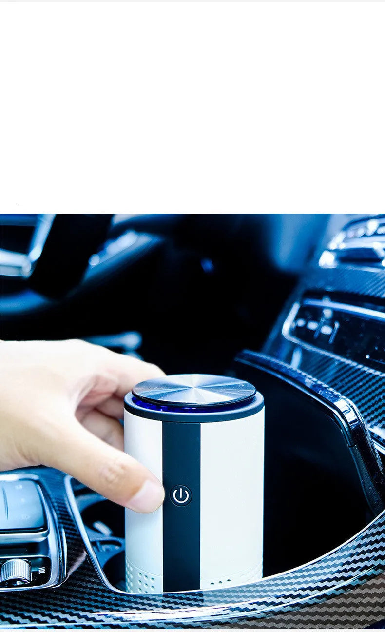 White negative ion vehicle air purifier with composite filter on car dashboard, USB and car power supply