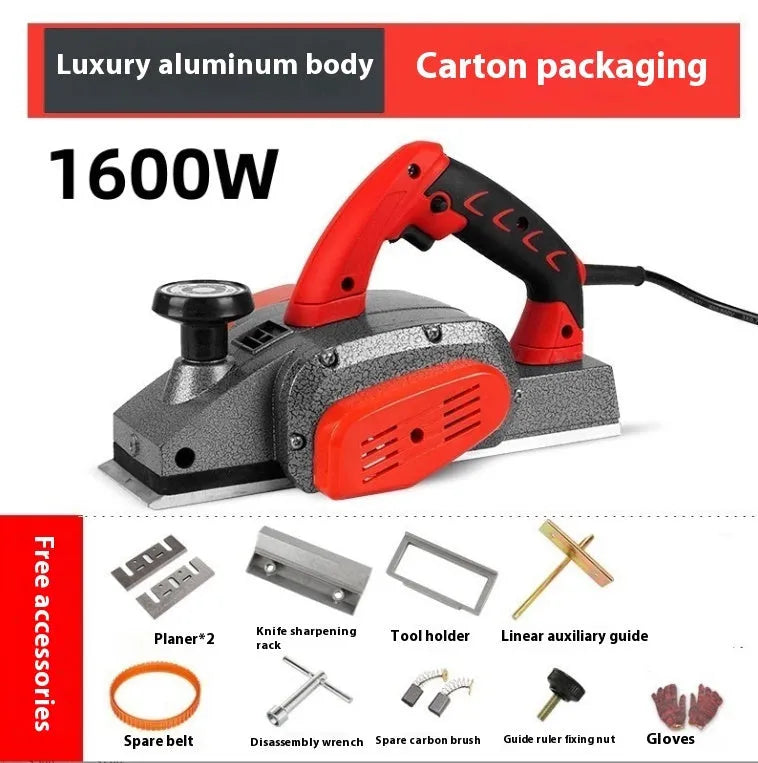 Red aluminium shell electric wood planer with 82mm cutting width on workbench